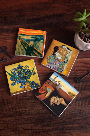 Dalí Belleğin Azmi, Van Gogh Süsenler, Çığlık, Gustav Klimt Aile Kucaklama Taş Bardak Altlığı Masaüstü Koruyucu Altlık 4 Parça Set 10x10cm Stone Coasters