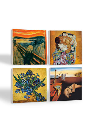 Dalí Belleğin Azmi, Van Gogh Süsenler, Çığlık, Gustav Klimt Aile Kucaklama Taş Bardak Altlığı Masaüstü Koruyucu Altlık 4 Parça Set 10x10cm Stone Coasters