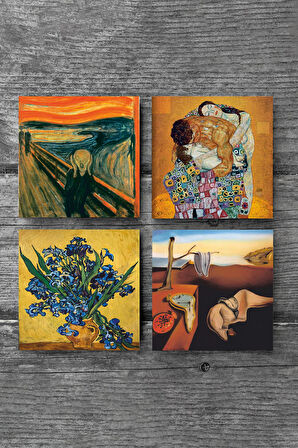 Dalí Belleğin Azmi, Van Gogh Süsenler, Çığlık, Gustav Klimt Aile Kucaklama Taş Bardak Altlığı Masaüstü Koruyucu Altlık 4 Parça Set 10x10cm Stone Coasters