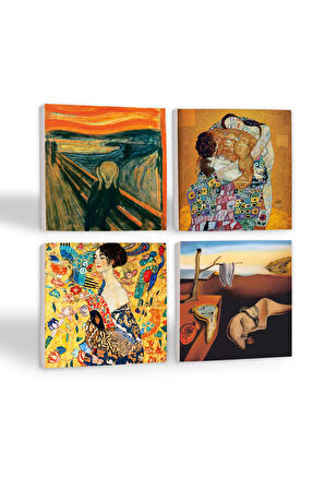 Salvador Dalí Belleğin Azmi, Gustav Klimt Yelpazeli Kadın, Aile Kucaklama, Çığlık Taş Bardak Altlığı Masaüstü Koruyucu Altlık 4 Parça Set 10x10cm Stone Coasters