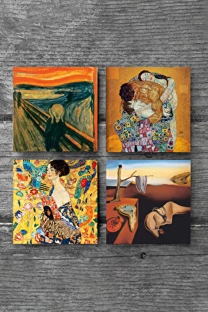 Salvador Dalí Belleğin Azmi, Gustav Klimt Yelpazeli Kadın, Aile Kucaklama, Çığlık Taş Bardak Altlığı Masaüstü Koruyucu Altlık 4 Parça Set 10x10cm Stone Coasters