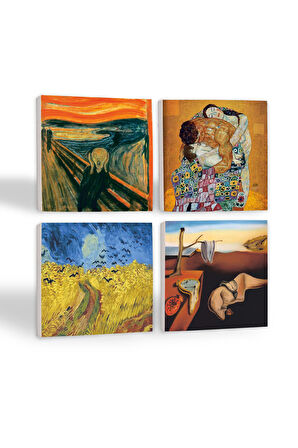 Dalí Belleğin Azmi, Van Gogh Buğday Tarlası, Çığlık, Klimt Aile Kucaklama Taş Bardak Altlığı Masaüstü Koruyucu Altlık 4 Parça Set 10x10cm Stone Coasters