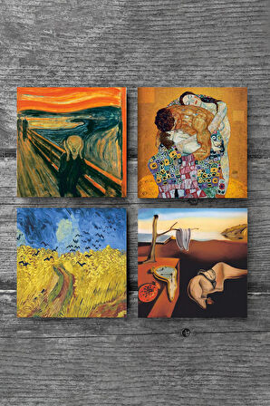 Dalí Belleğin Azmi, Van Gogh Buğday Tarlası, Çığlık, Klimt Aile Kucaklama Taş Bardak Altlığı Masaüstü Koruyucu Altlık 4 Parça Set 10x10cm Stone Coasters