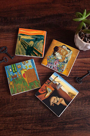 Dalí Belleğin Azmi, Van Gogh Yatak Odası, Çığlık, Klimt Aile Kucaklama Taş Bardak Altlığı Masaüstü Koruyucu Altlık 4 Parça Set 10x10cm Stone Coasters