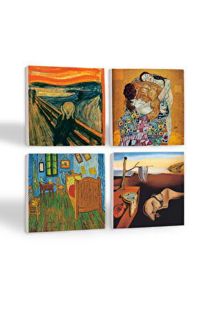 Dalí Belleğin Azmi, Van Gogh Yatak Odası, Çığlık, Klimt Aile Kucaklama Taş Bardak Altlığı Masaüstü Koruyucu Altlık 4 Parça Set 10x10cm Stone Coasters
