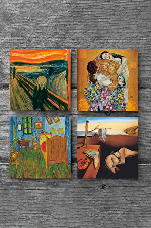 Dalí Belleğin Azmi, Van Gogh Yatak Odası, Çığlık, Klimt Aile Kucaklama Taş Bardak Altlığı Masaüstü Koruyucu Altlık 4 Parça Set 10x10cm Stone Coasters