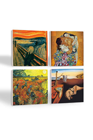 Dalí Belleğin Azmi, Van Gogh Arles'te Kırmızı Bağ, Çığlık, Klimt Aile Kucaklama Taş Bardak Altlığı Masaüstü Koruyucu Altlık 4 Parça Set 10x10cm Stone Coasters