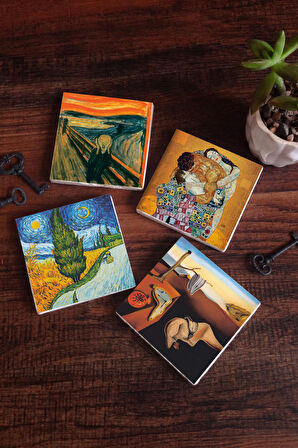 Dalí Belleğin Azmi, Van Gogh Selvili Yol, Çığlık, Klimt Aile Kucaklama Taş Bardak Altlığı Masaüstü Koruyucu Altlık 4 Parça Set 10x10cm Stone Coasters