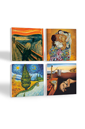 Dalí Belleğin Azmi, Van Gogh Selvili Yol, Çığlık, Klimt Aile Kucaklama Taş Bardak Altlığı Masaüstü Koruyucu Altlık 4 Parça Set 10x10cm Stone Coasters
