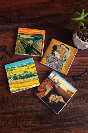 Dalí Belleğin Azmi, Van Gogh Hasat Manzarası, Çığlık, Klimt Aile Kucaklama Taş Bardak Altlığı Masaüstü Koruyucu Altlık 4 Parça Set 10x10cm Stone Coasters