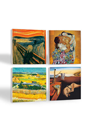 Dalí Belleğin Azmi, Van Gogh Hasat Manzarası, Çığlık, Klimt Aile Kucaklama Taş Bardak Altlığı Masaüstü Koruyucu Altlık 4 Parça Set 10x10cm Stone Coasters