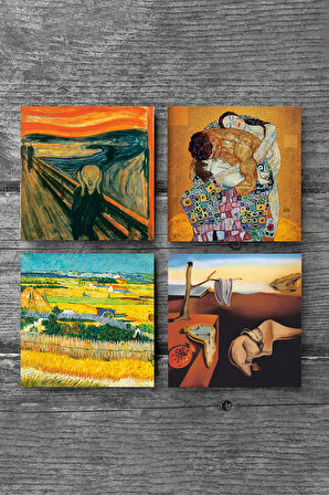 Dalí Belleğin Azmi, Van Gogh Hasat Manzarası, Çığlık, Klimt Aile Kucaklama Taş Bardak Altlığı Masaüstü Koruyucu Altlık 4 Parça Set 10x10cm Stone Coasters