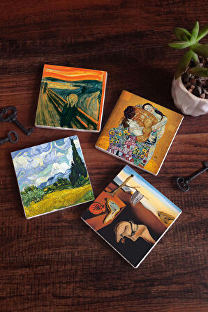 Dalí Belleğin Azmi, Van Gogh Buğday Tarlası, Çığlık, Klimt Aile Kucaklama Taş Bardak Altlığı Masaüstü Koruyucu Altlık 4 Parça Set 10x10cm Stone Coasters