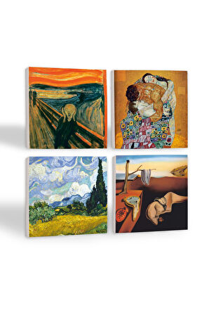 Dalí Belleğin Azmi, Van Gogh Buğday Tarlası, Çığlık, Klimt Aile Kucaklama Taş Bardak Altlığı Masaüstü Koruyucu Altlık 4 Parça Set 10x10cm Stone Coasters