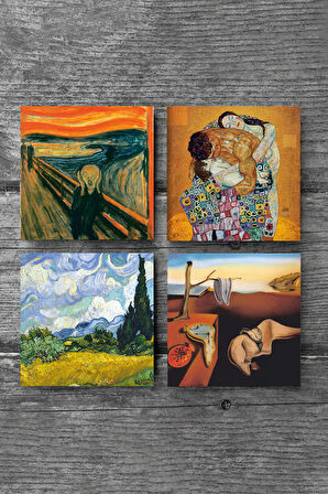 Dalí Belleğin Azmi, Van Gogh Buğday Tarlası, Çığlık, Klimt Aile Kucaklama Taş Bardak Altlığı Masaüstü Koruyucu Altlık 4 Parça Set 10x10cm Stone Coasters