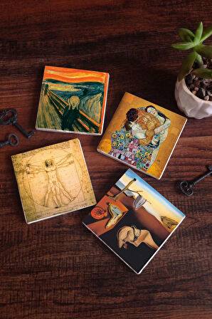 Dalí Belleğin Azmi, Çığlık, Gustav Klimt Aile Kucaklama, Da Vinci Vitruvius Adamı Taş Bardak Altlığı Masaüstü Koruyucu Altlık 4 Parça Set 10x10cm Stone Coasters