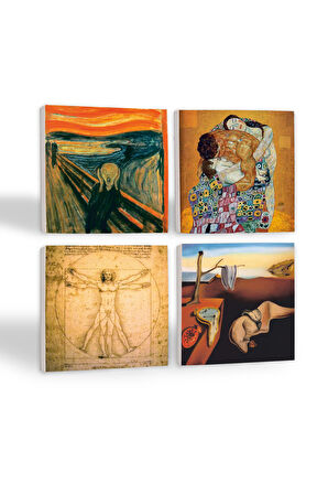 Dalí Belleğin Azmi, Çığlık, Gustav Klimt Aile Kucaklama, Da Vinci Vitruvius Adamı Taş Bardak Altlığı Masaüstü Koruyucu Altlık 4 Parça Set 10x10cm Stone Coasters