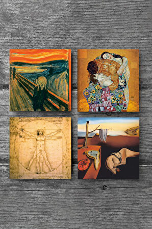 Dalí Belleğin Azmi, Çığlık, Gustav Klimt Aile Kucaklama, Da Vinci Vitruvius Adamı Taş Bardak Altlığı Masaüstü Koruyucu Altlık 4 Parça Set 10x10cm Stone Coasters