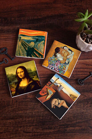 Dalí Belleğin Azmi, Çığlık, Gustav Klimt Aile Kucaklama, Da Vinci Mona Lisa Taş Bardak Altlığı Masaüstü Koruyucu Altlık 4 Parça Set 10x10cm Stone Coasters