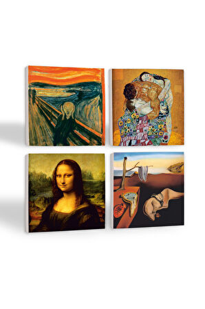 Dalí Belleğin Azmi, Çığlık, Gustav Klimt Aile Kucaklama, Da Vinci Mona Lisa Taş Bardak Altlığı Masaüstü Koruyucu Altlık 4 Parça Set 10x10cm Stone Coasters