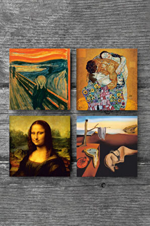 Dalí Belleğin Azmi, Çığlık, Gustav Klimt Aile Kucaklama, Da Vinci Mona Lisa Taş Bardak Altlığı Masaüstü Koruyucu Altlık 4 Parça Set 10x10cm Stone Coasters