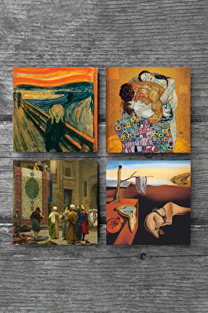 Dalí Belleğin Azmi, Çığlık, Gustav Klimt Aile Kucaklama, Göreme Halı Tüccarı Taş Bardak Altlığı Masaüstü Koruyucu Altlık 4 Parça Set 10x10cm Stone Coasters