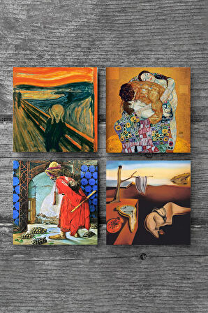 Dalí Belleğin Azmi, Çığlık, Gustav Klimt Aile Kucaklama, Kaplumbağa Terbiyecisi Taş Bardak Altlığı Masaüstü Koruyucu Altlık 4 Parça Set 10x10cm Stone Coasters