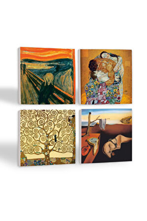 Salvador Dalí Belleğin Azmi, Çığlık, Gustav Klimt Aile Kucaklama, Hayat Ağacı Taş Bardak Altlığı Masaüstü Koruyucu Altlık 4 Parça Set 10x10cm Stone Coasters