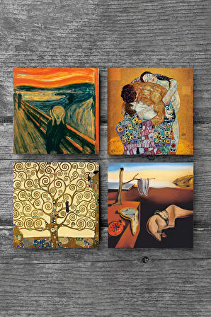 Salvador Dalí Belleğin Azmi, Çığlık, Gustav Klimt Aile Kucaklama, Hayat Ağacı Taş Bardak Altlığı Masaüstü Koruyucu Altlık 4 Parça Set 10x10cm Stone Coasters