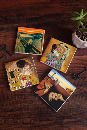 Salvador Dalí Belleğin Azmi, Çığlık, Gustav Klimt Aile Kucaklama, Öpücük Taş Bardak Altlığı Masaüstü Koruyucu Altlık 4 Parça Set 10x10cm Stone Coasters