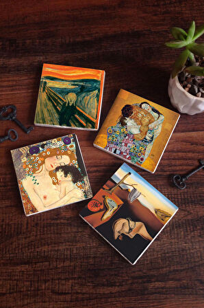 Salvador Dalí Belleğin Azmi, Çığlık, Gustav Klimt Aile Kucaklama, Anne Çocuk Taş Bardak Altlığı Masaüstü Koruyucu Altlık 4 Parça Set 10x10cm Stone Coasters