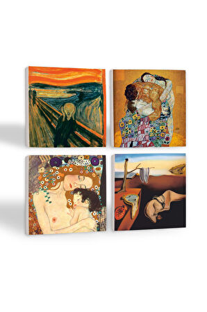 Salvador Dalí Belleğin Azmi, Çığlık, Gustav Klimt Aile Kucaklama, Anne Çocuk Taş Bardak Altlığı Masaüstü Koruyucu Altlık 4 Parça Set 10x10cm Stone Coasters