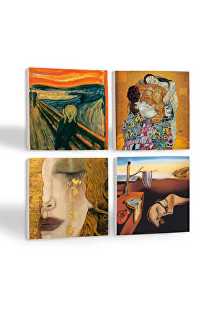 Dalí Belleğin Azmi, Çığlık, Gustav Klimt Aile Kucaklama, Altın Gözyaşları Taş Bardak Altlığı Masaüstü Koruyucu Altlık 4 Parça Set 10x10cm Stone Coasters