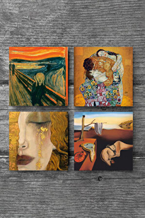 Dalí Belleğin Azmi, Çığlık, Gustav Klimt Aile Kucaklama, Altın Gözyaşları Taş Bardak Altlığı Masaüstü Koruyucu Altlık 4 Parça Set 10x10cm Stone Coasters