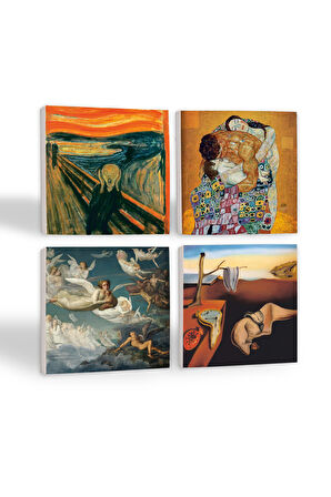 Dalí Belleğin Azmi, Çığlık, Gustav Klimt Aile Kucaklama, Ruhların Geçişi Taş Bardak Altlığı Masaüstü Koruyucu Altlık 4 Parça Set 10x10cm Stone Coasters