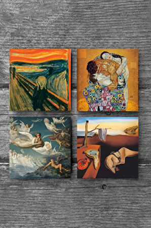 Dalí Belleğin Azmi, Çığlık, Gustav Klimt Aile Kucaklama, Ruhların Geçişi Taş Bardak Altlığı Masaüstü Koruyucu Altlık 4 Parça Set 10x10cm Stone Coasters