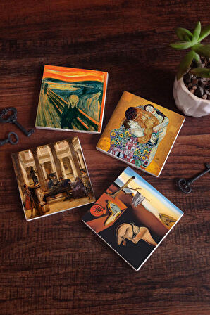 Dalí Belleğin Azmi, Çığlık, Gustav Klimt Aile Kucaklama, Bir Roma Sanat Aşığı Taş Bardak Altlığı Masaüstü Koruyucu Altlık 4 Parça Set 10x10cm Stone Coasters