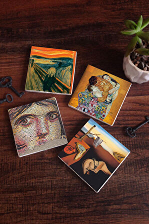 Dalí Belleğin Azmi, Çığlık, Çingene Kızı Mozaiği, Gustav Klimt Aile Kucaklama Taş Bardak Altlığı Masaüstü Koruyucu Altlık 4 Parça Set 10x10cm Stone Coasters