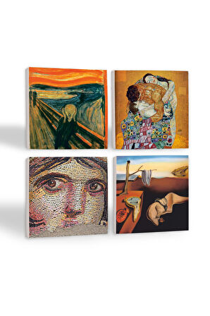 Dalí Belleğin Azmi, Çığlık, Çingene Kızı Mozaiği, Gustav Klimt Aile Kucaklama Taş Bardak Altlığı Masaüstü Koruyucu Altlık 4 Parça Set 10x10cm Stone Coasters