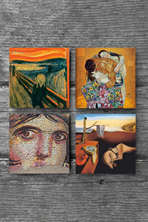 Dalí Belleğin Azmi, Çığlık, Çingene Kızı Mozaiği, Gustav Klimt Aile Kucaklama Taş Bardak Altlığı Masaüstü Koruyucu Altlık 4 Parça Set 10x10cm Stone Coasters