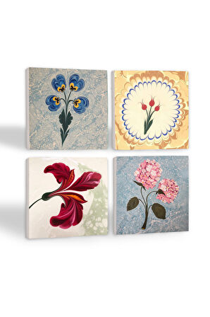 Ebru Sanatı, Pembe Ortanca Çiçeği, Lale Taş Bardak Altlığı Masaüstü Koruyucu Altlık 4 Parça Set 10x10cm Stone Coasters