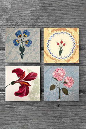 Ebru Sanatı, Pembe Ortanca Çiçeği, Lale Taş Bardak Altlığı Masaüstü Koruyucu Altlık 4 Parça Set 10x10cm Stone Coasters