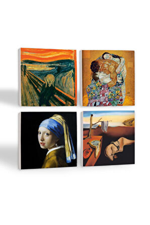 Dalí Belleğin Azmi, Çığlık, İnci Küpeli Kız, Gustav Klimt Aile Kucaklama Taş Bardak Altlığı Masaüstü Koruyucu Altlık 4 Parça Set 10x10cm Stone Coasters