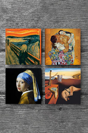 Dalí Belleğin Azmi, Çığlık, İnci Küpeli Kız, Gustav Klimt Aile Kucaklama Taş Bardak Altlığı Masaüstü Koruyucu Altlık 4 Parça Set 10x10cm Stone Coasters