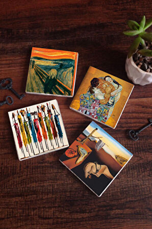 Salvador Dalí Belleğin Azmi, Çığlık, Yerli Kadınlar, Gustav Klimt Aile Kucaklama Taş Bardak Altlığı Masaüstü Koruyucu Altlık 4 Parça Set 10x10cm Stone Coasters