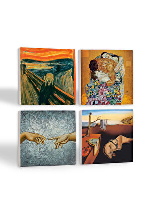 Dalí Belleğin Azmi, Michelangelo, Çığlık, Klimt Aile Kucaklama Taş Bardak Altlığı Masaüstü Koruyucu Altlık 4 Parça Set 10x10cm Stone Coasters