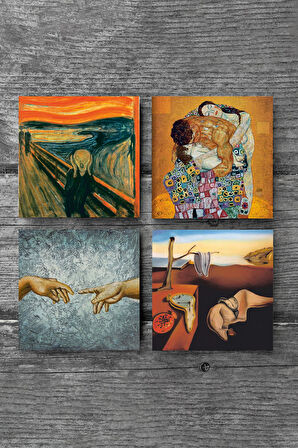 Dalí Belleğin Azmi, Michelangelo, Çığlık, Klimt Aile Kucaklama Taş Bardak Altlığı Masaüstü Koruyucu Altlık 4 Parça Set 10x10cm Stone Coasters