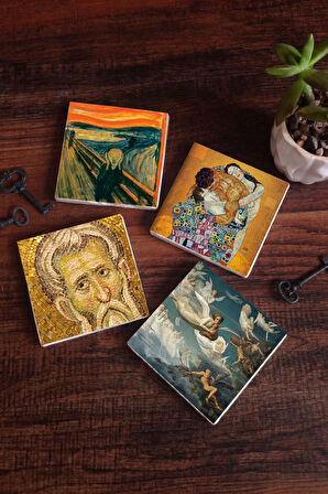 Çığlık, Mozaik Serisi, Gustav Klimt Aile Kucaklama, Ruhların Geçişi Louis Janmot Taş Bardak Altlığı Masaüstü Koruyucu Altlık 4 Parça Set 10x10cm Stone Coasters