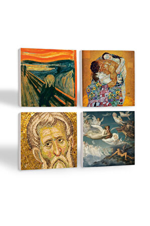 Çığlık, Mozaik Serisi, Gustav Klimt Aile Kucaklama, Ruhların Geçişi Louis Janmot Taş Bardak Altlığı Masaüstü Koruyucu Altlık 4 Parça Set 10x10cm Stone Coasters