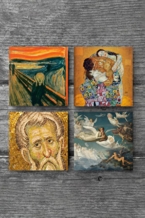 Çığlık, Mozaik Serisi, Gustav Klimt Aile Kucaklama, Ruhların Geçişi Louis Janmot Taş Bardak Altlığı Masaüstü Koruyucu Altlık 4 Parça Set 10x10cm Stone Coasters